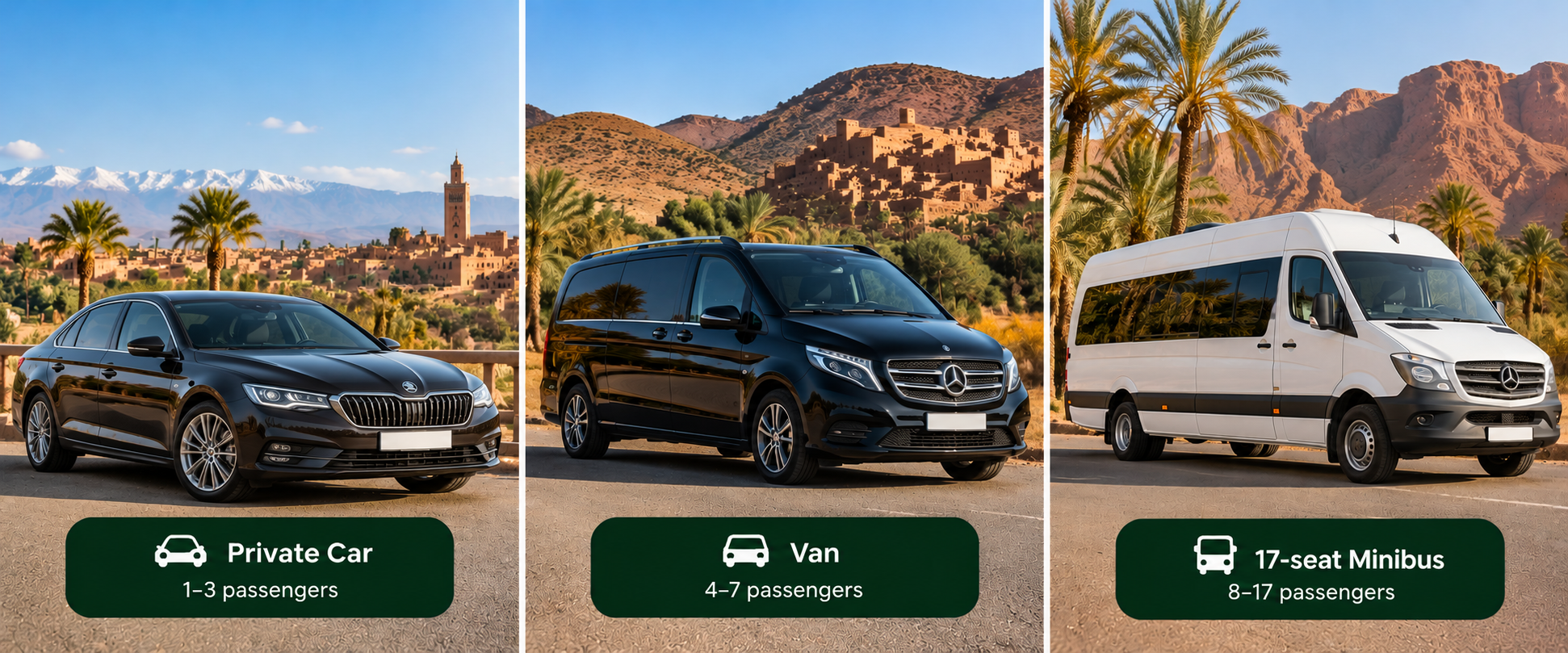Private car, van and minibus transportation options for private Morocco journeys